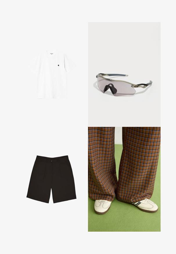 Weißes Baumwoll-T-Shirt mit kurzen Ärmeln, Rundhalsausschnitt und kleinem schwarzem Logo auf der linken Brust. Weicher Stoff und normale Passform.; Schwarze Shorts aus einem glatten Stoff, mit einem einzigen Knopf an der Vorderseite, Falten und Seitentaschen, entworfen für eine lockere Passform.; Braun und blaue Karohosen mit weitem Bein, kombiniert mit weißen Schuhen mit schwarzen Akzenten und strukturierten Sohlen, vor einem grünen Hintergrund.; Sonnenbrille mit einem durchscheinenden grauen Rahmen, getönten Gläsern und angularer Form. Verfügt über ein markantes Nasenteil und strukturierte, dunkelgraue Bügel.