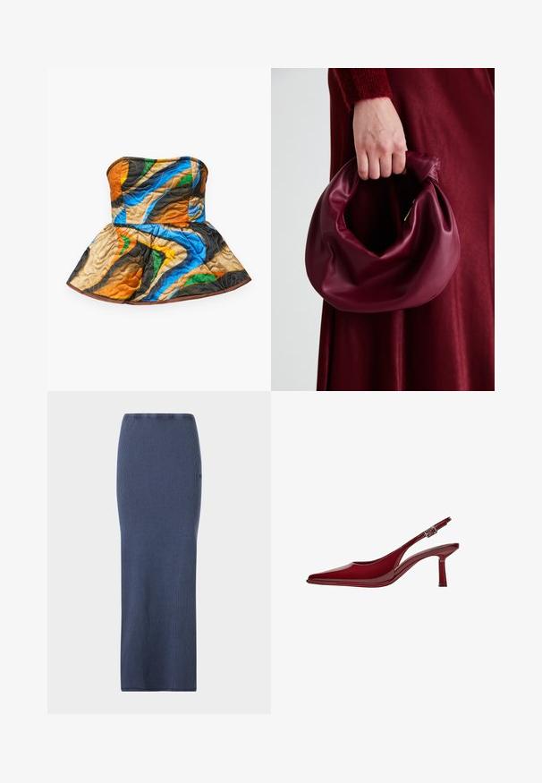 Top senza spalline trapuntato con design a peplum. Presenta motivi colorati in arancione, blu, verde e marrone su un tessuto texturizzato.; Gonna a matita in maglia a coste blu scuro con un design aderente e una silhouette dritta. Presenta una vita elastica e una texture liscia.; Bershka Decolleté - dark red; Borsa in pelle bordeaux con un design morbido e arricciato e una forma arrotondata. Il manico è fissato, mostrando una texture liscia.
