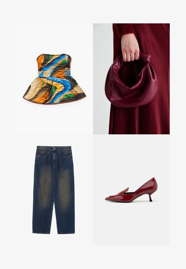 Kardinaalpaelatud peplum-disainiga õlgesta top. Omab värvilisi mustreid oranzis, sinises, rohelises ja pruunis tekstuurilisel kangal.; Sinine teksade püksid vabalt lõikega, keskmise pesuga, viie taskuga, nupuga sulgemisega ja kergelt tuhmunud kohtadega esiosas.; Punane patendi nahast kontsad terava ninaga, libiseva disainiga ja madala stiletto kontsaga. Sile tekstuur ja mugav siluett.; Burgundia värvi nahk käekott, millel on pehme, kokku tõmmatav disain ja ümar kuju. Käepide on kindlalt kinnitatud, näidates siledaid pindu.