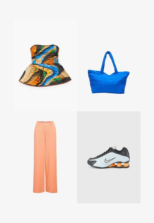 Gestepptes, trägerloses Oberteil mit einem Peplum-Design. Es hat farbenfrohe Muster in Orange, Blau, Grün und Braun auf einem strukturierten Stoff.; Weite Hose aus Pfirsichstoff mit glatter Textur, flachem Vorderteil mit Falten und einem elastischen Bund für einen bequemen Sitz.; Schwarzer und hellblauer Sportschuh mit abgerundetem Zehenbereich, Obermaterial aus Mesh und Synthetik sowie orangen Fersenstützen in einem stoßdämpfenden Design.; Blaue gesteppte Tragetasche mit einem V-förmigen oberen Teil, zwei stabilen Griffen und einer strukturierten Oberfläche. Verfügt über gestickte Linien für zusätzliche Stabilität.
