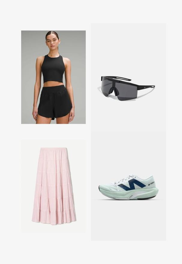 Crop top de sport noir avec un col haut, associé à des shorts noirs avec une large taille et des détails d'accent sur les côtés.; Jupe maxi en rose clair à volants, fabriquée dans un tissu texturé et léger. Taille élastique et ourlet fluide avec des accents volantés.; Chaussure de course légère en blanc et menthe clair, avec des accents bleus, un dessus en maille texturée et une semelle rembourrée avec un talon prononcé.; Lunettes de soleil noires surdimensionnées avec une monture en plastique robuste, un design enveloppant et des verres foncés, dotées d'un pont nasal et de légents accents latéraux.