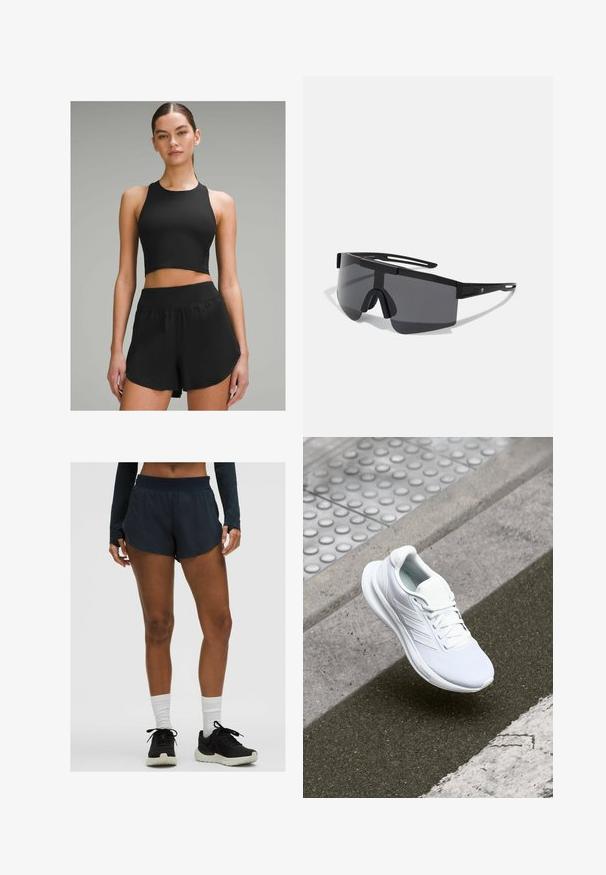 Top corto atlético negro con un cuello alto, combinado con pantalones cortos negros con una cinturilla ancha y detalles laterales.; Pantalones cortos deportivos en un oscuro tono azul marino, con una cinturilla ancha, tela ligera y corte corto. Presentan sutiles acentos reflectantes en los laterales.; Zapatilla deportiva blanca con parte superior de malla, diseño de cordones y suela texturizada. Branding sutil y detalles de construcción sin costuras visibles.; Gafas de sol negras de gran tamaño con un marco de plástico resistente, diseño envolvente y lentes oscuros que cuentan con un puente nasal y acentos laterales mínimos.
