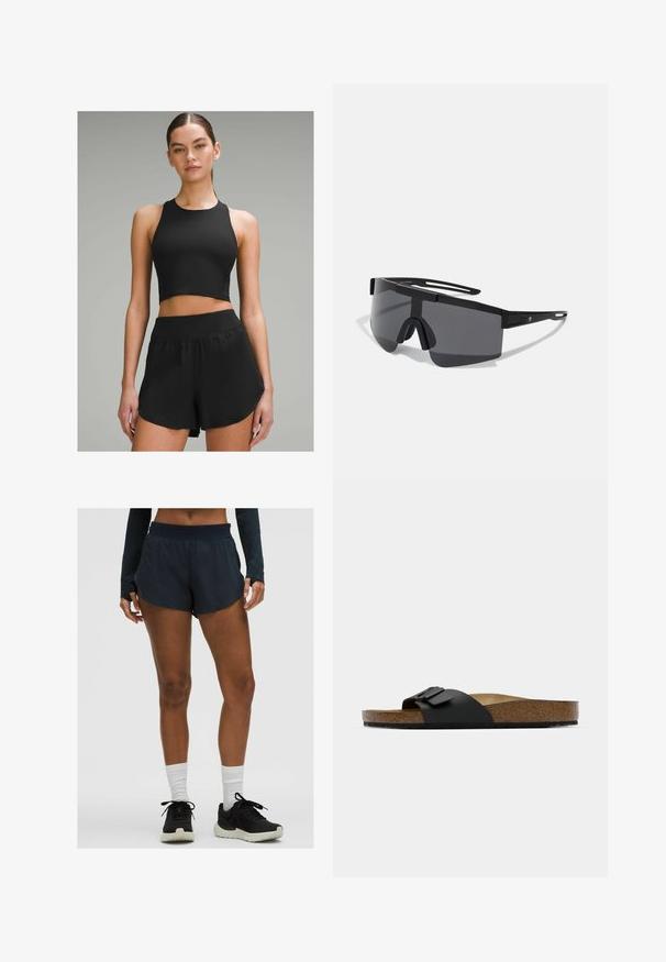 Schwarzes sportliches Crop-Top mit hohem Hals, kombiniert mit schwarzen Shorts, die einen breiten Bund und seitliche Akzentdetails haben.; Dunkelblaue Sportshorts mit einem breiten Bund, leichtem Stoff und kurzer Länge. Mit dezenten reflektierenden Akzenten an den Seiten.; Schwarze Riemensandale mit einer glatten synthetischen Oberseite, Korkmittelsohle und strukturiertem Gummi outsole. Verfügt über einen verstellbaren Riemen für die Passform.; Schwarze übergroße Sonnenbrille mit einem robusten Kunststoffrahmen, Wickeldesign und dunklen Gläsern, ausgestattet mit einem Nasensteg und minimalen seitlichen Akzenten.