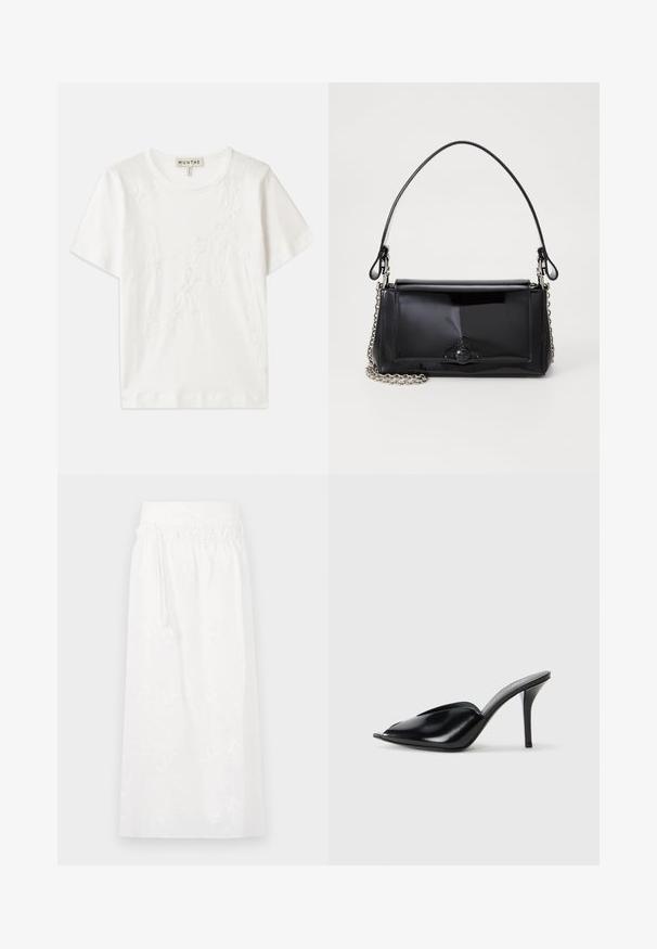 Hvid bomulds t-shirt med korte ærmer, som har blomsterbroderi på forsiden og en rund halsudskæring.; Hvid maxi nederdel med elastisk talje, diskret blomsterbroderi og et let flydende design. Fremstillet af letvægtsstof.; Sorte læder højhælede mules med åbent tådesign, spidse former, glat tekstur og en slank stiletto hæl.; Sort patenteret læder håndtaske med rektangulær form, kædestrop, og et særpræget hardwaredetalje i midten. Glat tekstur.