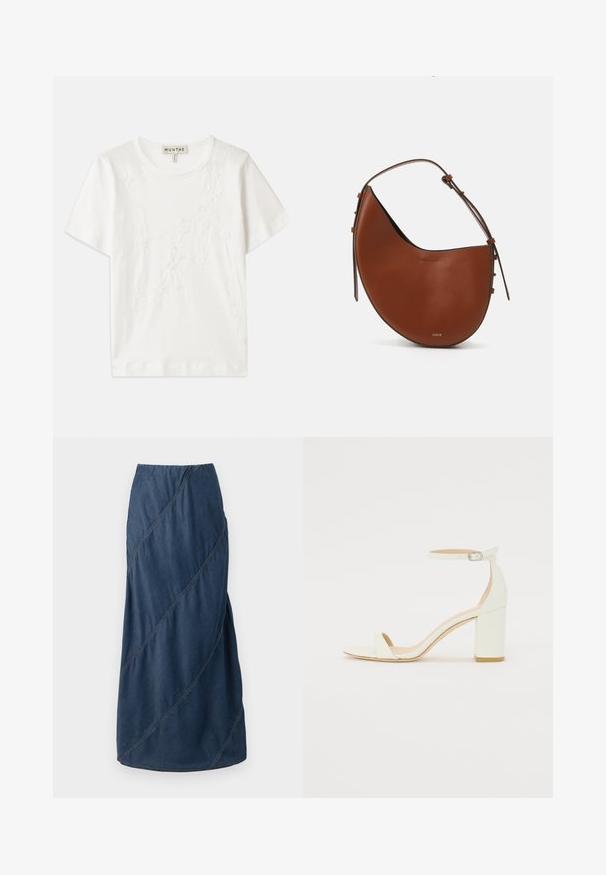 T-shirt en coton blanc à manches courtes, présentant un motif de broderie florale sur le devant et un col rond.; Jupe maxi en denim de couleur bleu profond, présentant des motifs de couture diagonaux et une taille élastique pour une forme structurée et fluide.; Sandale à talon bloc en cuir blanc avec une bride de cheville à boucle et un design minimaliste. Bout ouvert et textures lisses sur l'ensemble.; Sac à épaule en cuir marron avec une forme en croissant, une fine bandoulière marron et des accents subtils en métal doré. Présente une texture lisse et des coutures minimales.