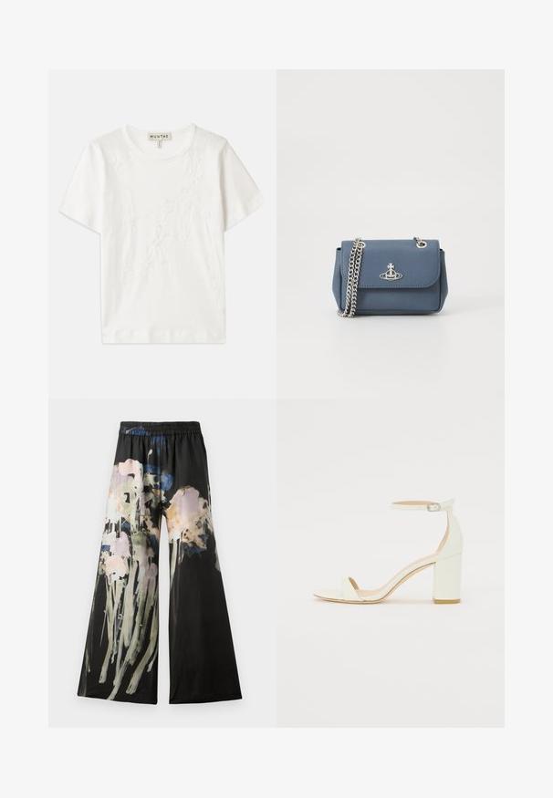 Fehér pamut póló rövid ujjakkal, virágos hímzéssel az elején és kerek nyakkivágással.; Fekete szövetből készült bő szárú nadrág, rózsaszín, kék és zöld árnyalatú akvarell virágmintával; kényelmes elasztikus derékpánt.; Fehér bőrsarkú szandál bokaankarral és csattal, minimális dizájnnal. Nyitott orrú és sima textúrákkal az egész felületen.; Kék textúrájú műbőr táska ezüst lánccal és logó részlettel az elején. Csattos záródással és hajtókás dizájnnal.
