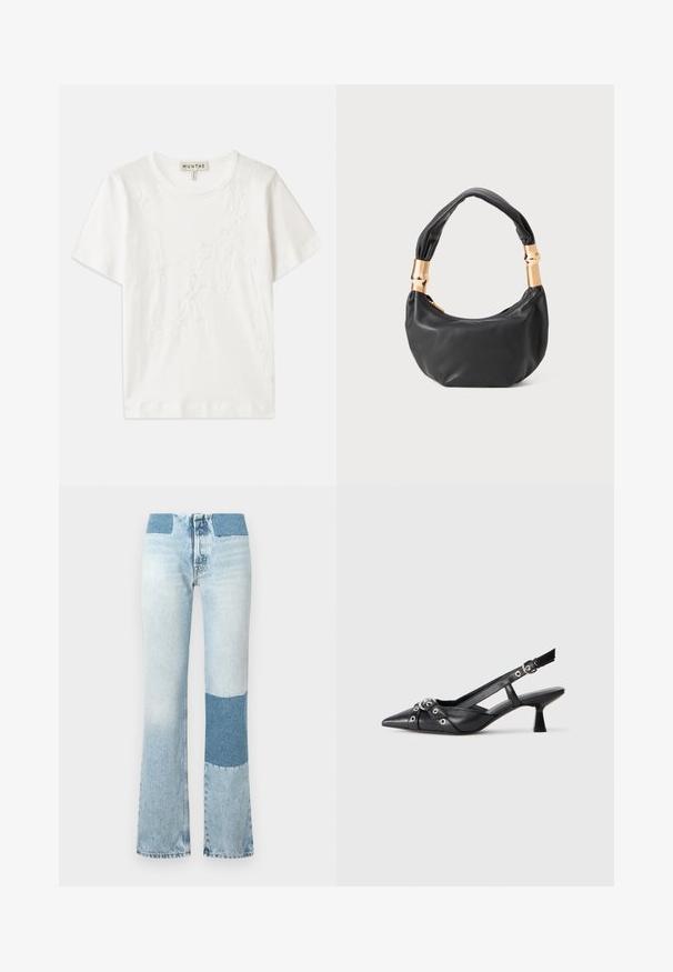 Bijela pamučna majica kratkih rukava s cvjetnim vezom na prednjem dijelu i okruglim izrezom.; Svijetloplave traperice s izrezom i kontrastnim tamnoplavim flasterom na svakoj nozi. Imaju visok struk i šivane detalje duž šavova.; Crne kožne cipele s remenom oko pete, s izduženim vrhom, dekorativnim trakama s metalnim rupama i niskom blok petom. Teksturirana površina.; Crna kožna torba s okruglim oblikom, mekim teksturom i čvorastom ručkom s zlatnim metalnim detaljima. Zatvaranje na patentni zatvarač.