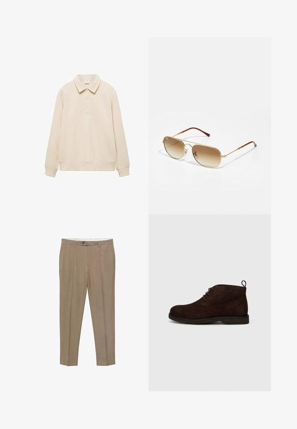 Beige lange mouwen polo shirt van zachte stof, met een klassieke kraag, drie knopen sluiting, en geribde manchetten en onderkant.; Beige broek van zachte stof met een rechte pasvorm, voorzakken en een enkele knoopsluiting bij de taille.; Bruine suède enkellaarzen met een ronde neus, voorzien van veters en een trekhaak aan de achterkant, geplaatst op een rubberen zool met een gestructureerd oppervlak.; Gouden piloten zonnebril met een verloop van bruine lenzen, metalen frame en bruine plastic uiteinden van de sombrero. Soepele textuur, minimale hardware details.