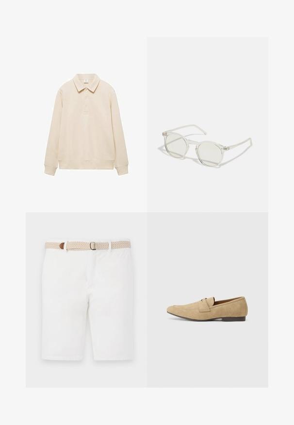 Béžová dlhá polo košeľa s dlhým rukávom vyrobená z mäkkej tkaniny, s klasickým golierom, trojbodovým zapínaním a rebrovanými manžetami a lemom.; Biele bavlnené šortky s tkaným béžovým opaskom s hnedým akcentom. Šortky majú jednoduchý dizajn a hladkú textúru.; Bežové semišové mokasíny s jemným leskom, s okrúhlou špičkou, dizajnom na zloženie a nízkym hnedým podpätkom. Jemné detaily v šití.; Kruhové slnečné okuliare s priehľadným rámom, svetlozelenými sklami a tenkými, priehľadnými stranami. Rám obsahuje jemné kovové akcenty.