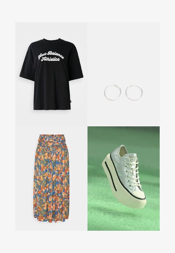 Tricou din bumbac negru, cu mâneci scurte și guler rotund, cu text alb "New Balance Athletics" într-un design curbat.; Fustă maxi florală cu un brâu pliat, având modele vibrante de portocalie, verde și albastru. Țesătură ușoară cu textură pliată.; Adidași metalici argintii cu talpă înălțată, șireturi albe și accente negre. Prezintă un vârf rotunjit și o talpă din cauciuc texturată.; Cercei din argint cu un design elegant și rotund, având o suprafață netedă și fără embellismente vizibile. Diametrul nu este specificat.