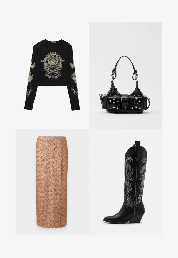 Melna garām piedurknēm apgriezta krekla ar ribotām tekstūrām. Priekšpusē un piedurknēs ir sarežģīti zelta grafiskie dizaini ar kronēm un rozēm.; Medi garums svārki gaiši bežā krāsā ar pērlītēm un fliteru dizainu, ar taisnu siluetu un sānu izgriezumu detaļām un kustībai.; Melnas ādas kovboju zābakus ar norādītām pirkstiem, sānām paceltu papēdi un sudraba izšūtām ziedu rakstiem gar zābaka kāju. Kontrasta dūrieni visā zābakā.; Melnas ādas rokturmais ar izliekumu, ar sudraba iedurtiem, sprādzi un divām sānu kabatām. Regulējams siksniņas garums dažādām nēsāšanas iespējām.