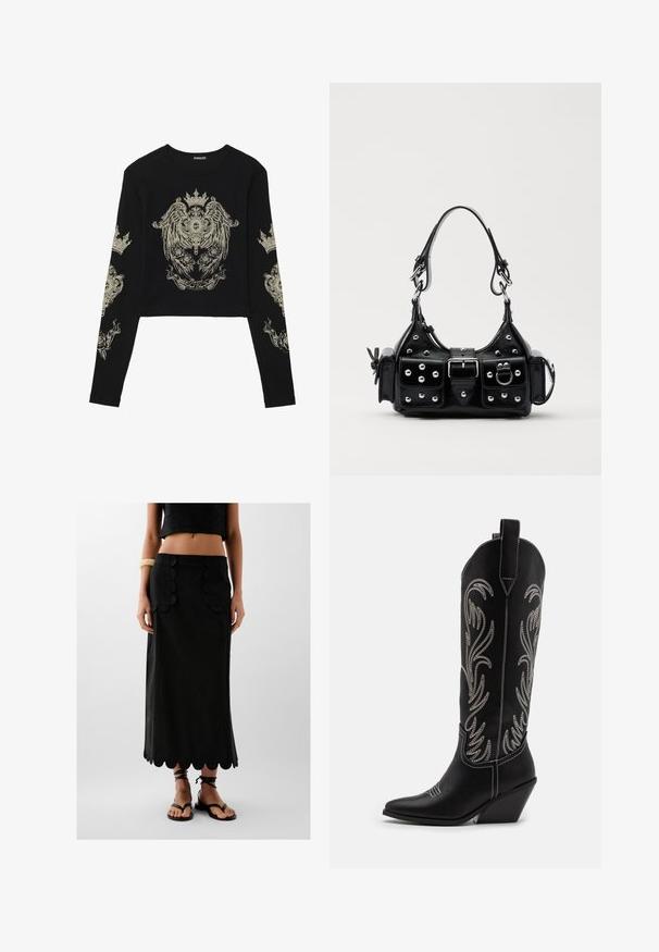 Musta pitkähihaisella crop topilla, jossa on ribattekstuuri. Esiintyy monimutkaisia kultaisia graafisia kuvioita kruunuista ja ruusuista edessä ja hihoissa.; Musta pellavahame, jossa on aaltoileva helma ja kaksi taskua aaltoiluvivahteilla; yhdistetty mustiin litteisiin sandaaleihin.; Mustat nahkasaappaat cowboy-tyyliin, joissa on terävät varpaat, viistot korot ja hopeiset brodeeratut kukkakuviot varressa. Eroava ompelu koko saappaassa.; Musta nahkainen käsilaukku, jossa on kaareva muotoilu, hopeiset niitit, solki ja kaksi sivutaskua. Säädettävä olkahihna erilaisiin kantovaihtoehtoihin.