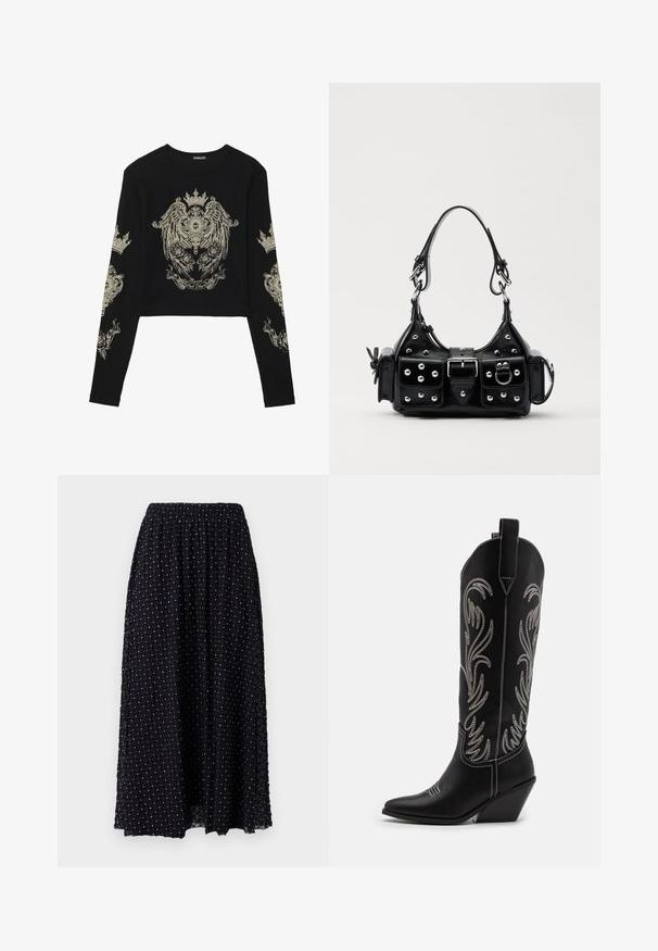 Zwarte crop top met lange mouwen van ribbeltextuur. Beschikt over ingewikkelde gouden grafische ontwerpen van kronen en rozen aan de voorkant en op de mouwen.; Zwarte maxi rok met een diamanten patroon van gaas textuur, elastische tailleband en lichte rimpeling aan de bovenkant, met zilveren accenten door het geheel.; Zwarte leren cowboylaarzen met spitse neuzen, wiggenhakken en zilver geborduurde bloemmotieven langs de schacht. Contrasterende stiksels overal.; Zwarte lederen handtas met een gebogen ontwerp, voorzien van zilveren studs, een gesp en twee zijvakken. Verstelbare schouderband voor verschillende draagmogelijkheden.