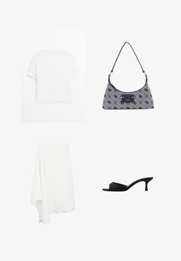 Ein schlichtes weißes T-Shirt mit kurzen Ärmeln und Rundhalsausschnitt, das eine vertikale Naht in der Mitte auf der Rückseite aufweist, vor einem weißen Hintergrund präsentiert.; Asymmetrischer weißer Rock aus weichem, leichtem Material; ausgefranster Saum; glatte Textur; fällt auf einer Seite elegant.; Schwarze Absatzmules mit einer breiten, offenen Zehenpartie und einem geschwungenen Oberteil. Hergestellt aus strukturiertem Stoff, mit einem schlanken Absatz und einer glatten Sohle.; Hobo-Handtasche aus navyblauem Stoff mit einem Diamantmuster, ausgestattet mit einem Logo-Schild und einem glatten Schultergurt. Strukturiert Oberfläche.