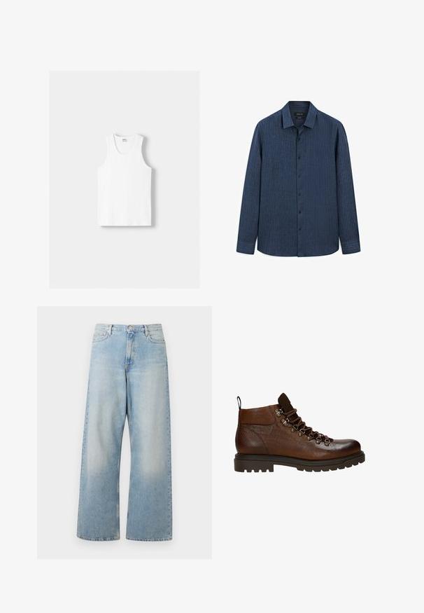 Bílý bavlněný top na ramínka s kulatým výstřihem, širokými ramínky a rovním lemem, s hladkou texturou a bez viditelných vzorů.; Modrá pruhovaná košile s knoflíky, límečkem, dlouhými rukávy, černými knoflíky a rovnym lemem. Vyrobeno z lehké tkaniny s jemnou strukturou.; Světle modré široké džíny vyrobené z denimu, s vysokým pasem, předními kapsami a vybledlým umytím s jemným zažloutlým efektem na stehnech.; Hnědé kožené kotníkové boty s robustním designem, texturovaným povrchem, kovovými očky a silnou gumovou podrážkou, s šňůrkovým zapínáním a poutkem.