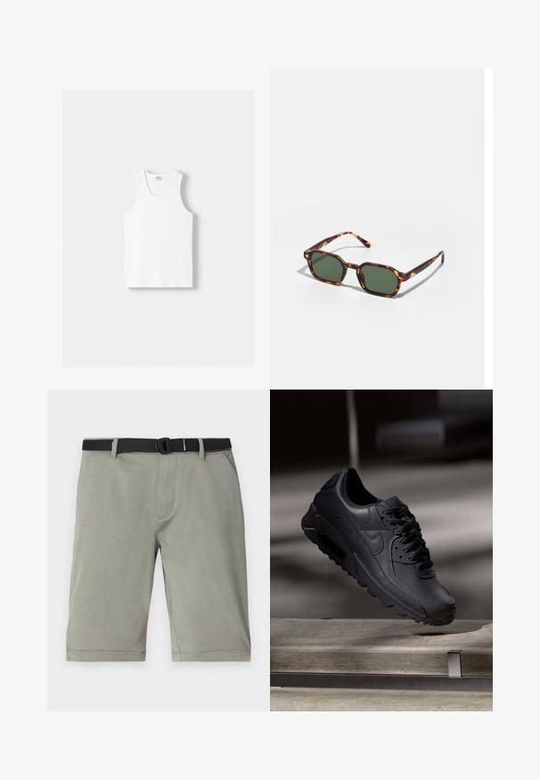Biały bawełniany top na ramiączkach z okrągłym dekoltem, szerokimi ramiączkami i prostym dołem, charakteryzujący się gładką teksturą i brakiem widocznych wzorów.; Koszula z krótkim rękawem, ciemnobrązowa, wykonana z fakturowanej tkaniny. Posiada zapięcie na guziki z przodu oraz dwie kieszenie na piersi. Casualowy design z luźnym krojem.; Szare szorty z teksturowanej tkaniny, z czarnym paskiem, standardowymi kieszeniami i wykończeniem nogawki tuż nad kolanem.; Czarne sneakersy Nike Air Max z teksturowaną skórzaną cholewką, gumową podeszwą i wyraźnym systemem sznurowania, prezentujące nowoczesny, elegancki design.; Okulary przeciwsłoneczne w kolorze żółwim z zielonymi soczewkami, o ośmiokątnym kształcie i cienkich, zakrzywionych ramionach. Materiał ma błyszczące wykończenie.