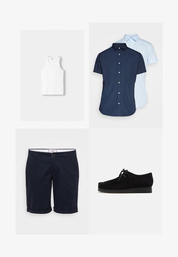 Biely bavlnený tielko s okrúhlym výstrihom, širokými ramennými popruhmi a rovnom spodným lemom, ktoré má hladkú textúru a žiadne viditeľné vzory.; Košele s krátkym rukávom na gombíky, jedna v námorníckej modrej a druhá v svetlomodrej, s goliermi, predným zapínaním na gombíky a hladkou textúrou látky.; Tmavomodré šortky vyrobené z bavlnenej textílie, s rovnými prednými nohavicami, zvinutými manžetami a jedným predným gombíkom.; Čierne semišové topánky s dizajnom zaobleného nosa, šnurovaním vpredu a textúrovanou čiernou gumovou podrážkou. Hladký zvršok s jemným prešívaním.