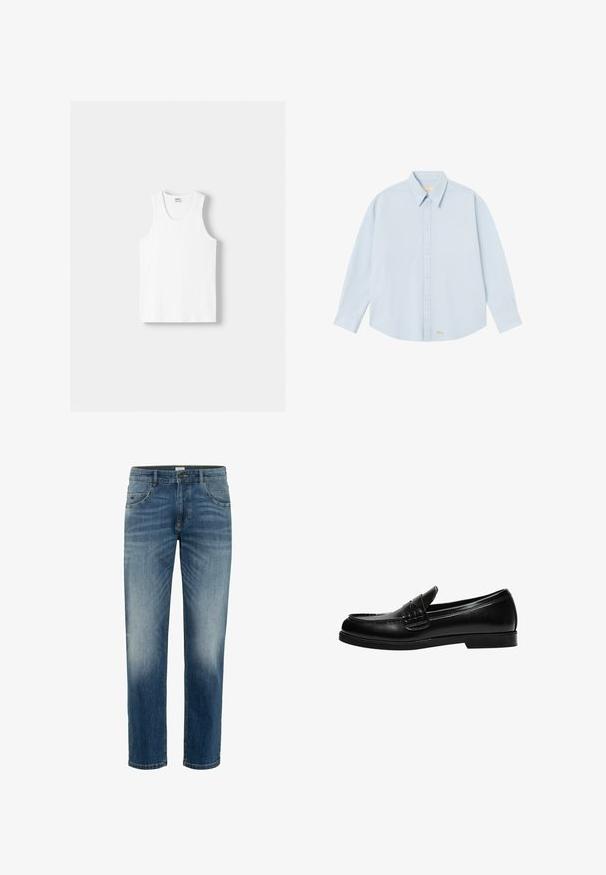 Biały bawełniany top na ramiączkach z okrągłym dekoltem, szerokimi ramiączkami i prostym dołem, charakteryzujący się gładką teksturą i brakiem widocznych wzorów.; Jasnoniebieska, długozaszywana koszula z guzikami, wykonana z gładkiego materiału. Posiada klasyczny kołnierzyk oraz małe złote logo haftowane w pobliżu dolnego brzegu.; Niebieskie dżinsy wykonane z denimu. Prosty krój nogawki, średni stan, z efektem przetarcia, kontrastowe nici, plus pięć kieszeni do przechowywania.; Czarne skórzane mokasyny o gładkim wykończeniu, z detalem przeszycia na cholewce i niską, solidną czarną gumową podeszwą.