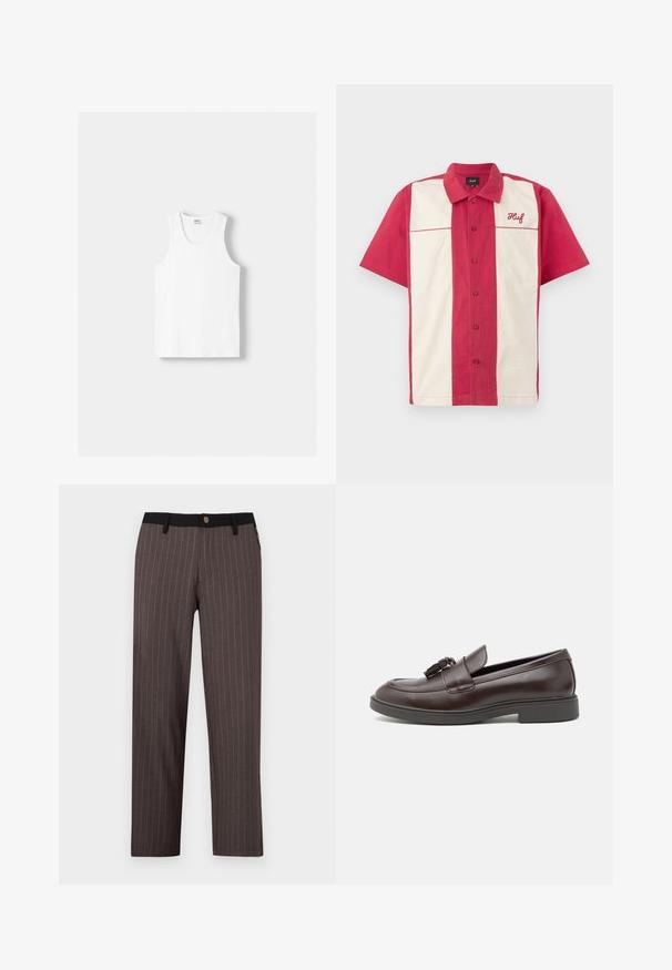 Bílý bavlněný top na ramínka s kulatým výstřihem, širokými ramínky a rovním lemem, s hladkou texturou a bez viditelných vzorů.; Košile s krátkým rukávem, která má červené a bílé vertikální pruhy, je vyrobena z bavlny a má vyšitý logo na levé části hrudi.; Tmavě šedé kalhoty s vertikálními bílými pruhy, s černým páskem a zapínáním na knoflík. Přímý střih, hladká textura.; Hnědé kožené mokasíny s kulatou špičkou, dekorativními třásněmi, prošívanými detaily a nízkým gumovým podpatkem pro zvýšení pohodlí.