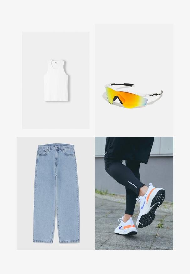 Weißes Baumwoll-Trägershirt mit Rundhalsausschnitt, breiten Trägern und geradem Saum, das eine glatte Textur aufweist und keine sichtbaren Muster hat.; Hellblaue Jeans aus Denim mit geradem Bein, ausgestattet mit einer mittelhohen Taille, fünf Taschen sowie einem Knopf- und Reißverschluss.; Nike-Laufschuhe mit einem weißen Mesh-Obermaterial und lila Akzenten, schwarzer strukturierter Sohle und lebhaftem orangefarbenen Fersenstütze.; Weiße Sportsonnenbrille mit einer geschwungenen Form, schwarzen Gummibezügen und einem verspiegelten orange-gelben Glas, das zu blau übergeht.