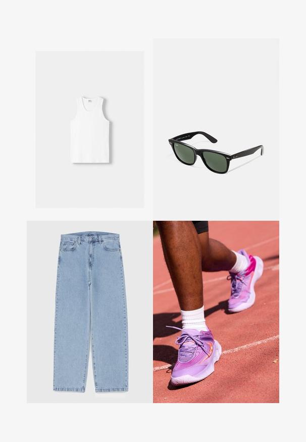 Bela bombažna majica brez rokavov z okroglo izrezom, širokimi naramnicami in ravnim robom, ki se ponaša z gladko teksturo in brez vidnih vzorcev.; Svijetloplave traperice s ravnim nogavicama, srednjeg struka, pet džepova te zatvaranjem na gumb i munju.; Nike Performance GIANNIS IMMORTALITY 4 - Košarkarski copati - black raspberry/aster pink/hot punch; Črne plastične sončna očala z zelenimi lečami, kvadratni okvirji, srebrni detajl na obrvi in teksturirani ročaji. Blagovna znamka navedena na notranji strani ročaja.