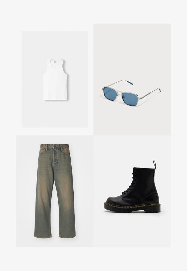 Bílý bavlněný top na ramínka s kulatým výstřihem, širokými ramínky a rovním lemem, s hladkou texturou a bez viditelných vzorů.; Tmavě zelené džíny z denimu s volným střihem, vysokým pasem a jemně vybledlými oblastmi. Obsahují klasický pětikapsový design a odolné švy.; Černé kožené kotníkové boty s šněrováním vpředu, žlutým prošíváním, zaoblenou špičkou a silnou, textured gumovou podrážkou.; Sluneční brýle se stříbrným kovovým rámem, obdélníkovými modrými skly a tenkými nožičkami. Na koncích nožiček jsou modré akcenty.