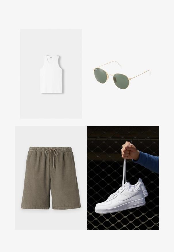 White cotton tank top with a round neckline, wide shoulder straps, and a straight hem, featuring a smooth texture and no visible patterns.; Cotton corduroy shorts in olive green with textured vertical stripes, elastic waistband, and adjustable drawstring for comfort.; White leather sneakers with perforations, round toe, flat sole, and thick laces, featuring a visible swoosh logo and "AIR" on the heel.; Gold metal frame sunglasses with green lenses, round shape, thin temples, and white plastic accents on the tips of the arms.