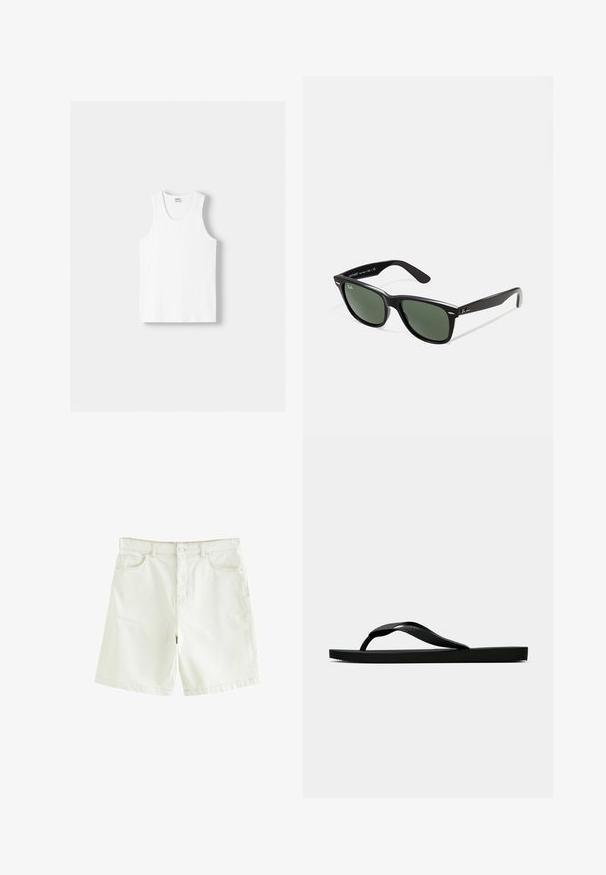 Bela bombažna majica brez rokavov z okroglo izrezom, širokimi naramnicami in ravnim robom, ki se ponaša z gladko teksturo in brez vidnih vzorcev.; Beli denim kratke hlače s ravnim krojem, ki imajo pet žepov, sprednjo zaklepanje na gumb in vidno šivanje. Gladka površina.; Črne gumijaste japonke s teksturirano thong naramnico in preprostim ravnim podplatom, prikazane s strani na enobarvni svetli podlagi.; Črne plastične sončna očala z zelenimi lečami, kvadratni okvirji, srebrni detajl na obrvi in teksturirani ročaji. Blagovna znamka navedena na notranji strani ročaja.