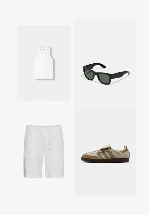 Débardeur en coton blanc avec un col rond, de larges bretelles et un ourlet droit, présentant une texture lisse et sans motifs visibles.; Casual Friday CFPHELIX LINEN MIX - Short - bright white; Chaussure de sport marron et crème avec trois rayures beiges, en daim et cuir, à lacets et avec une semelle en caoutchouc. Logo textuel sur le côté.; Lunettes de soleil rectangulaires noires avec verres verts, finition mate, accents matériels subtils et logo en relief sur la branche.; Trois bandanas : un jaune avec des motifs noirs, un blanc avec des motifs noirs, et un noir avec des graphiques blancs. Tous sont carrés et en tissu léger.