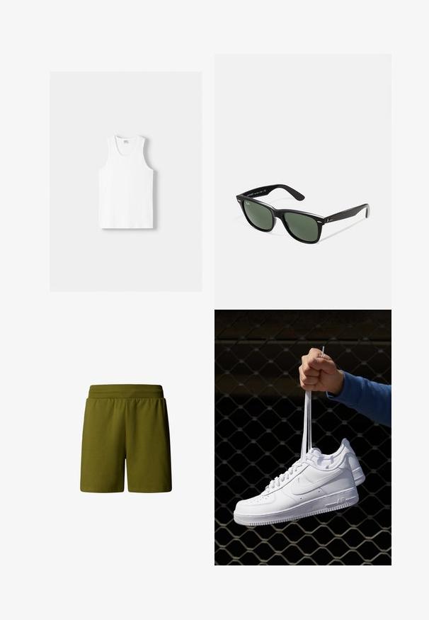 Weißes Baumwoll-Trägershirt mit Rundhalsausschnitt, breiten Trägern und geradem Saum, das eine glatte Textur aufweist und keine sichtbaren Muster hat.; Olivengrüne, weiche Baumwollshorts mit einem elastischen Bund, die eine lässige Passform bieten und keine sichtbaren Taschen oder Verzierungen aufweisen.; Weiße Leder-Sneaker mit Perforationen, runder Zehenpartie, flacher Sohle und dicken Schnürsenkeln, mit sichtbar eingesticktem Swoosh-Logo und "AIR" an der Ferse.; Schwarze Plastiksonnenbrille mit grünen Gläsern, quadratischen Rahmen, silbernem Akzent auf der Augenbraue und strukturierten Bügeln. Angegebene Marke auf dem inneren Bügel.