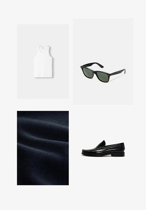 Witte katoenen tanktop met een ronde halslijn, brede schouderbanden en een rechte zoom, met een gladde textuur en zonder zichtbare patronen.; Marine stof met een gestructureerde weving, die zachte plooien en een gladde afwerking vertoont, die het licht op een subtiele manier reflecteert.; Zwarte leren loafers met een ronde neus, gestikte details langs de randen en een lage blokhak. Gladde textuur en minimalistisch ontwerp.; Zwarte plastic zonnebril met groene lenzen, vierkante montuur, zilveren accent op de wenkbrauw en een gestructureerde tempel. Merken vermeld op de binnenkant van de arm.