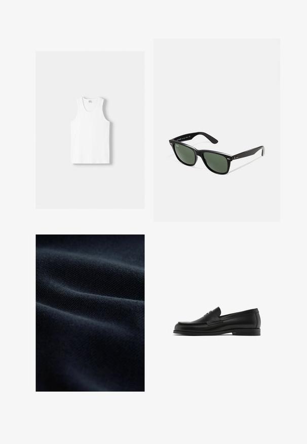 Débardeur en coton blanc avec un col rond, de larges bretelles et un ourlet droit, présentant une texture lisse et sans motifs visibles.; Tissu bleu marine avec un tissage texturé, présentant des plis doux et une finition lisse, reflétant la lumière de manière subtile.; Mocassins en cuir noir avec un bout rond, des détails de couture et une sangle en cuir décorative sur le devant ; semelle en caoutchouc plate.; Lunettes de soleil en plastique noir avec verres verts, monture carrée, accent argenté sur le sourcil et branches texturées. Marque indiquée sur l'intérieur de la branche.