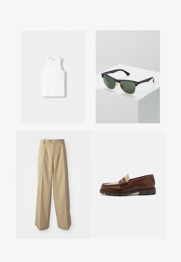 Débardeur en coton blanc avec un col rond, de larges bretelles et un ourlet droit, présentant une texture lisse et sans motifs visibles.; Pantalon large beige à taille haute, avec deux plis à l'avant et une fermeture à un bouton. Fabriqué à partir d'un tissu texturé à motif subtil.; Mocassins en cuir marron avec une touche en toile taupe, détails cousus et semelle en caoutchouc texturé, conçue pour le confort et la durabilité.; Lunettes de soleil Ray-Ban avec des verres verts, monture en plastique noir et accents dorés sur les bords. Forme carrée avec une finition mate.
