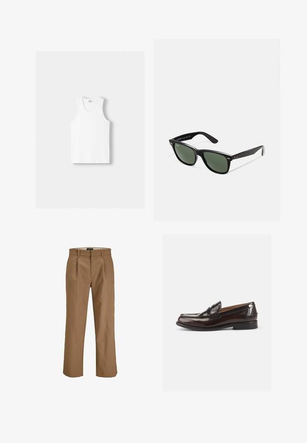 Weißes Baumwoll-Trägershirt mit Rundhalsausschnitt, breiten Trägern und geradem Saum, das eine glatte Textur aufweist und keine sichtbaren Muster hat.; Braune Hosen aus einem glatten Stoff, mit geradem Schnitt, Falten vorne und Gürtelschlaufen. Keine sichtbaren Muster oder Akzente.; Braune Lederloafer mit glänzender Oberfläche, einem gesteppten Design an der Spitze und einem niedrigen Absatz. Seitliches geprägtes Branding-Detail ist vorhanden.; Schwarze Plastiksonnenbrille mit grünen Gläsern, quadratischen Rahmen, silbernem Akzent auf der Augenbraue und strukturierten Bügeln. Angegebene Marke auf dem inneren Bügel.