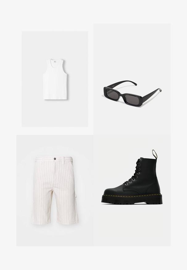 Débardeur en coton blanc avec un col rond, de larges bretelles et un ourlet droit, présentant une texture lisse et sans motifs visibles.; Shorts cargo blancs avec des rayures verticales rouges, fabriqués en tissu léger. Comprend une fermeture à bouton et des poches latérales.; Bottines noires en cuir avec lacets, dotées d'une semelle en caoutchouc texturé épais et de coutures jaunes autour de la plateforme.; Lunettes de soleil noires rectangulaires avec des verres foncés, finition brillante, larges branches et un design de monture épaisse. Nom de marque gravé sur une branche.; Sac fourre-tout noir avec deux longues poignées, fabriqué en tissu lisse. Comprend une poche avant et un design minimaliste. Pas de matériel ou de motifs visibles.