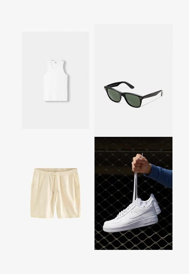 Biely bavlnený tielko s okrúhlym výstrihom, širokými ramennými popruhmi a rovnom spodným lemom, ktoré má hladkú textúru a žiadne viditeľné vzory.; Svetlo béžové šortky s elastickým pásom, sťahovacou šnúrkou a jemnými vzormi listov na látke. Obsahujú bočné vrecká.; Biele kožené tenisky s perforáciami, okrúhlou špičkou, plochou podrážkou a hrubými šnúrkami, pričom majú viditeľné logo swoosh a nápis "AIR" na päte.; Čierne plastové slnečné okuliare so zelenými šošovkami, štvorcové rámy, strieborný akcent na obočí a textúrované ramenné opierky. Brand uvedený na vnútornej strane ramien.; Strieborné quartz hodinky Casio s obdĺžnikovým ciferníkom, analógovým a digitálnym zobrazením, nerezovým remienkom a vodoodolnými vlastnosťami.