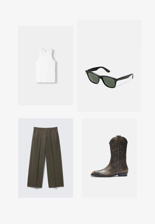 Hvid bomulds tanktop med rund halsudskæring, brede skulderstropper og lige kant, der har en glat tekstur og uden synlige mønstre.; Viddebenede bukser i olivengrøn, lavet af glat stof. Har frontlommer, en flad front og syede folder for struktur.; Brune læder cowboystøvle med en høj skaft, spids tå, intrikate syning mønstre og en lille hæl. Struktureret finish hele vejen igennem.; Sorte plastiksolkaber med grønne linser, firkantede stel, sølvaccent på brynene og teksturerede templede arme. Angivet mærke på den indre arm.; G-Shock ur med et klart resinurcase, blå urskive, metallisk accents, digital skærm og tekstureret silikonearmbånd. Vandtæt op til 20 bar.