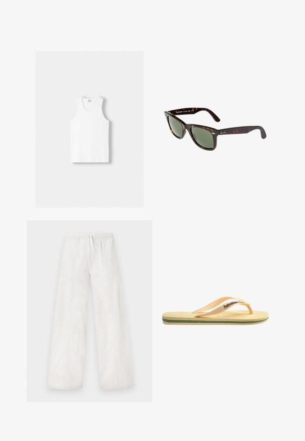 Weißes Baumwoll-Trägershirt mit Rundhalsausschnitt, breiten Trägern und geradem Saum, das eine glatte Textur aufweist und keine sichtbaren Muster hat.; Weiße Leinen-Hose mit weitem Bein, elastischem Bund und Kordelzugdetail. Glatte Textur und gerader Schnitt, mit Seitennähten.; Gelbe Gummi-Flip-Flops mit strukturiertem Fußbett, dünnen Riemen und mehrfarbigen Streifen entlang der Sohle. Markenlogo auf dem Riemen.; Wayfarer-Sonnenbrille mit dunklem Schildpatt-Kunststoffrahmen, grünen Gläsern und silbernem Ray-Ban-Logo am Bügel.