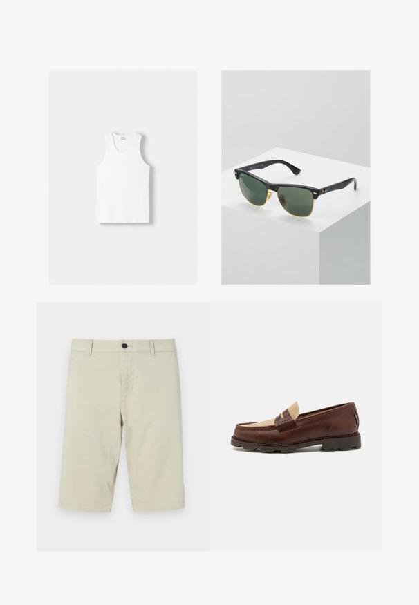 Bílý bavlněný top na ramínka s kulatým výstřihem, širokými ramínky a rovním lemem, s hladkou texturou a bez viditelných vzorů.; Béžové kraťasy vyrobené z lehkého bavlněného směsi, s plochým předním dílem, poutky na opasek, knoflíkovým zapínáním a délkou po kolena.; Hnědé kožené mokasíny s taupe plátěným akcentem, prošívanými detaily a texturovanou gumovou podrážkou navrženou pro pohodlí a odolnost.; Sluneční brýle Ray-Ban se zelenými skly, černými plastovými rámy a zlatými akcenty na okrajích. Čtvercový tvar s matným povrchem.