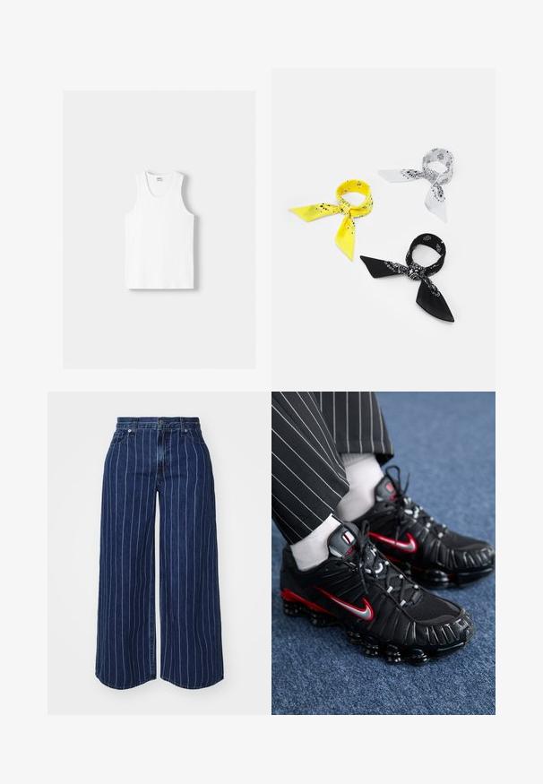 Valkoinen puuvillainen hihaton paita, jossa on pyöreä kaula-aukko, leveät olkaimet ja suora helma. Paidan tekstuuri on sileä, eikä siinä ole näkyviä kuvioita.; Kirkas siniset leveälahkeiset farkut, joissa on valkoiset pystyraitat. Housuissa on nappi- ja vetoketjukiinnitys sekä sivutaskut.; Mustat urheilukengät, joissa on punaisia ja hopeisia yksityiskohtia, verkkomateriaalia ja teksturoitua synteettistä materiaalia, nauhaketju ja näkyvä pehmustettu pohja.; Kolme bandanaa: yksi keltainen mustilla kuvioilla, yksi valkoinen mustilla kuvioilla ja yksi musta valkoisilla graafisilla kuvilla. Kaikki ovat neliöitä, kevyttä kangasta.