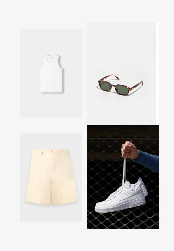 Weißes Baumwoll-Trägershirt mit Rundhalsausschnitt, breiten Trägern und geradem Saum, das eine glatte Textur aufweist und keine sichtbaren Muster hat.; Beige Leinen-Shorts mit taillierter Passform, ausgestattet mit einem vorderen Knopfverschluss, zwei seitlichen Taschen und einer dezenten Textur.; Weiße Leder-Sneaker mit Perforationen, runder Zehenpartie, flacher Sohle und dicken Schnürsenkeln, mit sichtbar eingesticktem Swoosh-Logo und "AIR" an der Ferse.; Schildpatt-Sonnenbrille mit grünen Gläsern, in einer achteckigen Form und schlanken, gebogenen Bügeln. Das Material hat eine glänzende Oberfläche.