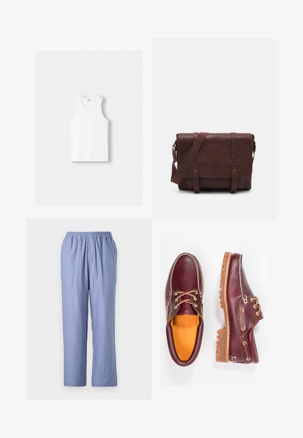 Witte katoenen tanktop met een ronde halslijn, brede schouderbanden en een rechte zoom, met een gladde textuur en zonder zichtbare patronen.; Lichtblauwe, loszittende broek met een elastische tailleband, twee zijzakken en rechte pijpen. Gemaakt van zachte stof met een gladde textuur.; Bordeaux leren schoenen met bruine rubberen zolen, ronde neus, witte stiksels en gouden veterogen. Het interieur heeft een gele voering.; Bruine lederen schoudertas met een platte voorflap, twee banden, gouden hardware-accenten en een verstelbare schouderband.