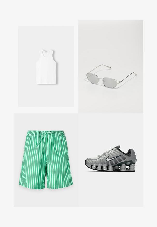 Bílý bavlněný top na ramínka s kulatým výstřihem, širokými ramínky a rovním lemem, s hladkou texturou a bez viditelných vzorů.; Zelené a bílé pruhované plavky s elastickým pasem a šňůrkou. Tkanina vypadá lehce a má hladkou strukturu.; Šedá a černá běžecká obuv Nike s viditelným odpružením podobným pružině pod podrážkou a bílým logem swoosh na boku.; Stříbrné sluneční brýle s oválnými šedými skly, štíhlými nohami a minimalistickým designem. Skla mají jemnou reflexní kvalitu.; Tři bandany: jedna žlutá s černými vzory, jedna bílá s černými designy a jedna černá s bílými grafikami. Všechny jsou čtvercové, vyrobené z lehkého materiálu.