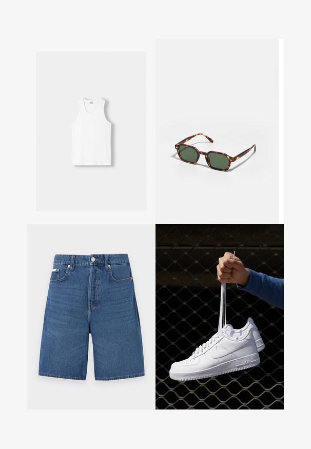 Bela bombažna majica brez rokavov z okroglo izrezom, širokimi naramnicami in ravnim robom, ki se ponaša z gladko teksturo in brez vidnih vzorcev.; Denim kratke hlače temno modre barve s ravnim krojem, zasnovo s petimi žepi in vidnim šivom. Imajo sprednje zapiranje na gumba in zadrgo.; Bela usnjena športna obutev s perforacijami, okroglo konico, ravnim podplatom in debelimi vezalkami, z vidnim logotipom smoosh in napisom "AIR" na peti.; Očalna okvir iz želvje školjke z zelenimi lečami, ki ima osemkotno obliko in tanke, zakrivljene ročke. Material ima sijajno površino.