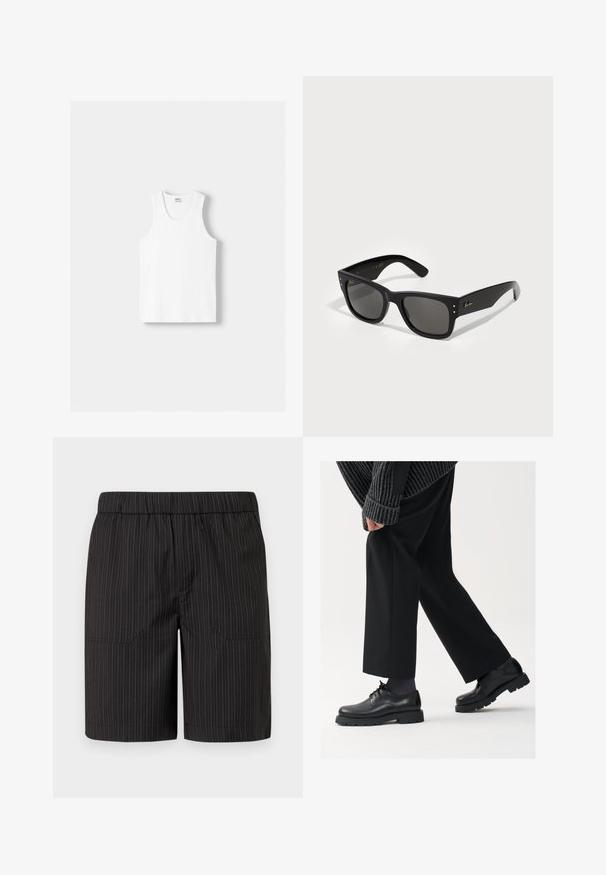 Hvid bomulds tanktop med rund halsudskæring, brede skulderstropper og lige kant, der har en glat tekstur og uden synlige mønstre.; Sorte shorts med subtile vertikale hvide striber, elastisk talje og to sidelommer, lavet af let, tekstureret stof.; Sorte lædersko med rund tå, snørebåndsdesign og tyk, tekstureret sål. Båret sammen med skræddersyede sorte bukser og en ribbet sweater.; Sorte solbriller med firkantet stel, der har mørke linser. Pyntet med små guldprikker og et guldlogo på stængerne. Glat overflade.