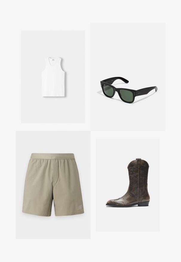 Weißes Baumwoll-Trägershirt mit Rundhalsausschnitt, breiten Trägern und geradem Saum, das eine glatte Textur aufweist und keine sichtbaren Muster hat.; Beige Sportshorts mit elastischem Bund, einer einzelnen Vorderfach und einem Logo auf der unteren rechten Seite. Glattes, leichtes Material.; Braune Leder-Cowboystiefel mit hohem Schaft, spitzem Zehenbereich, aufwendigen Stickmustern und kleinem Absatz. Strukturierte Oberflächenbeschaffenheit.; Schwarze rechteckige Sonnenbrille mit grünen Gläsern, matte Oberfläche, dezente Hardware-Akzente und eingeprägtes Logo am Schläfenbereich.; G-Shock-Uhr mit einem klaren Harzgehäuse, blauen Ziffernblatt, metallischen Akzenten, digitaler Anzeige und strukturiertem Silikonarmband. Wasserdicht bis 20 Bar.