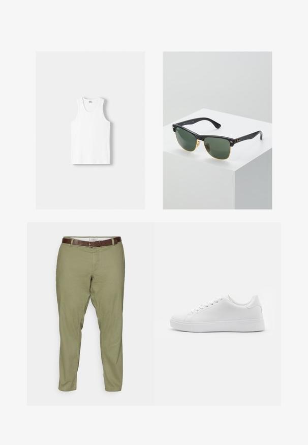 White cotton tank top with a round neckline, wide shoulder straps, and a straight hem, featuring a smooth texture and no visible patterns.; Olive green cotton blend pants with a straight fit, featuring front pockets and a brown leather belt. Smooth texture and clean design.; White sneakers with a smooth synthetic upper, round toe, six eyelets for laces, and a low-profile rubber sole with textured detailing.; Ray-Ban sunglasses with green lenses, black plastic frames, and gold accents at the edges. Square shape with a matte finish.
