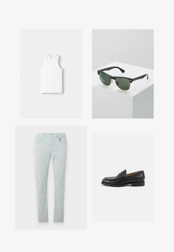 Fehér pamut ujjatlan felső kerek nyakkivágással, széles vállpántokkal és egyenes szegéllyel, sima textúrával, látható minták nélkül.; Világoskék denim nadrág slim fit szabásban, öt zsebbel és elöl gombos záródással. Simás textúra diszkrét varrási részletekkel.; Fekete bőr loaferek sima felülettel, lekerekített orral és díszítő varrással a lábfejen. Alacsony, réteges sarkú és enyhe fényű.; Ray-Ban napszemüveg zöld lencsékkel, fekete műanyag kerettel és arany díszítéssel a széleken. Négyzet alakú, matt felülettel.
