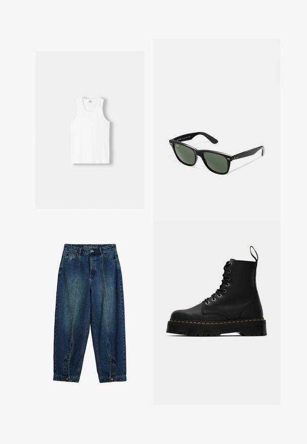Bílý bavlněný top na ramínka s kulatým výstřihem, širokými ramínky a rovním lemem, s hladkou texturou a bez viditelných vzorů.; Džíny s klasickým modrým umytím, vysokým pasem, volným střihem, předními a zadními kapsami a zapínáním na knoflík v pase.; Černé kožené kotníkové boty na šněrování s robustní texturovanou gumovou podrážkou a žlutým prošíváním kolem platformy.; Černé plastové sluneční brýle se zelenými skly, čtvercové obroučky, stříbrný detail na obočí a texturované stranice. Značka uvedená na vnitřní straně stranic.; Sada pěti kovových prstenů různých šířek. Prsteny mají hladký, leštěný povrch a jednotnou stříbrnou barvu.