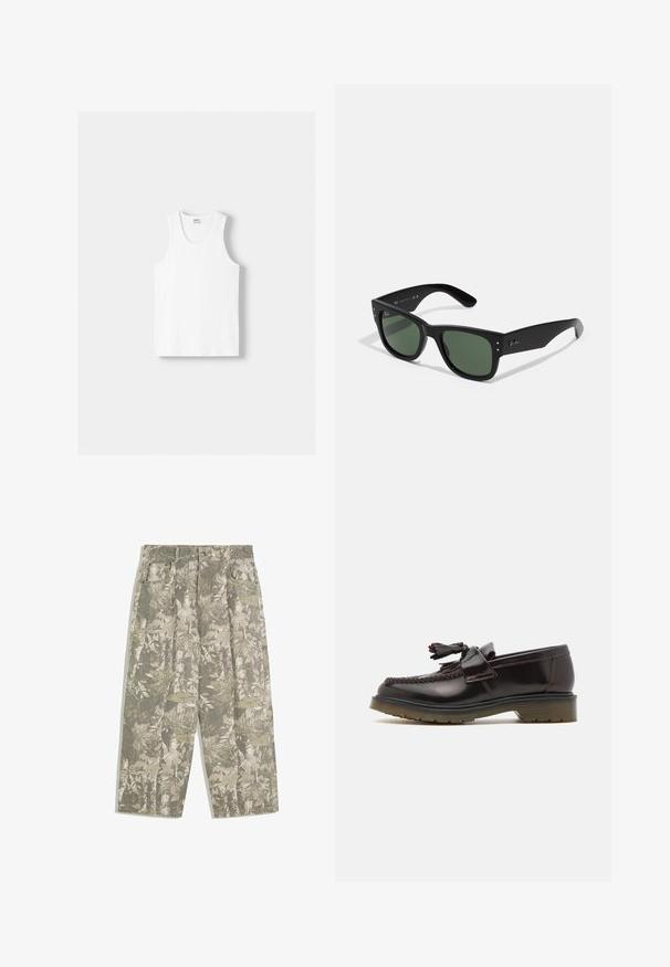 Vit bomullstopp med rund halsringning, breda axelremmar och rak nederkant, med en slät textur och utan synliga mönster.; Cargo-byxor med vida ben i grön och beige kamouflage med löv- och barkmönster, med framfickor och bältesöggor.; Bruna läderloafers med vävd design, tofsdetalj och en platt gummisula. Har en slät yta och kontrasterande sömmar.; Svarta rektangulära solglasögon med gröna linser, matt finish, subtila hårdvaruaccents och präglad logotyp på bågen.; Olivgrön tote-väska med dubbla handtag och en justerbar axelrem. Har ett huvudfack med dragkedja och en framficka med dragkedja.